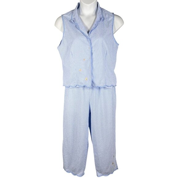 Aria XL Blue Gingham Butterfly Embroidery Sleeveless Button Up PJ Set Scalloped - Picture 1 of 16